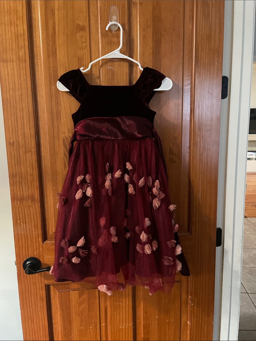 Girls Elegant Wine Velvet and Floral Tulle Dress